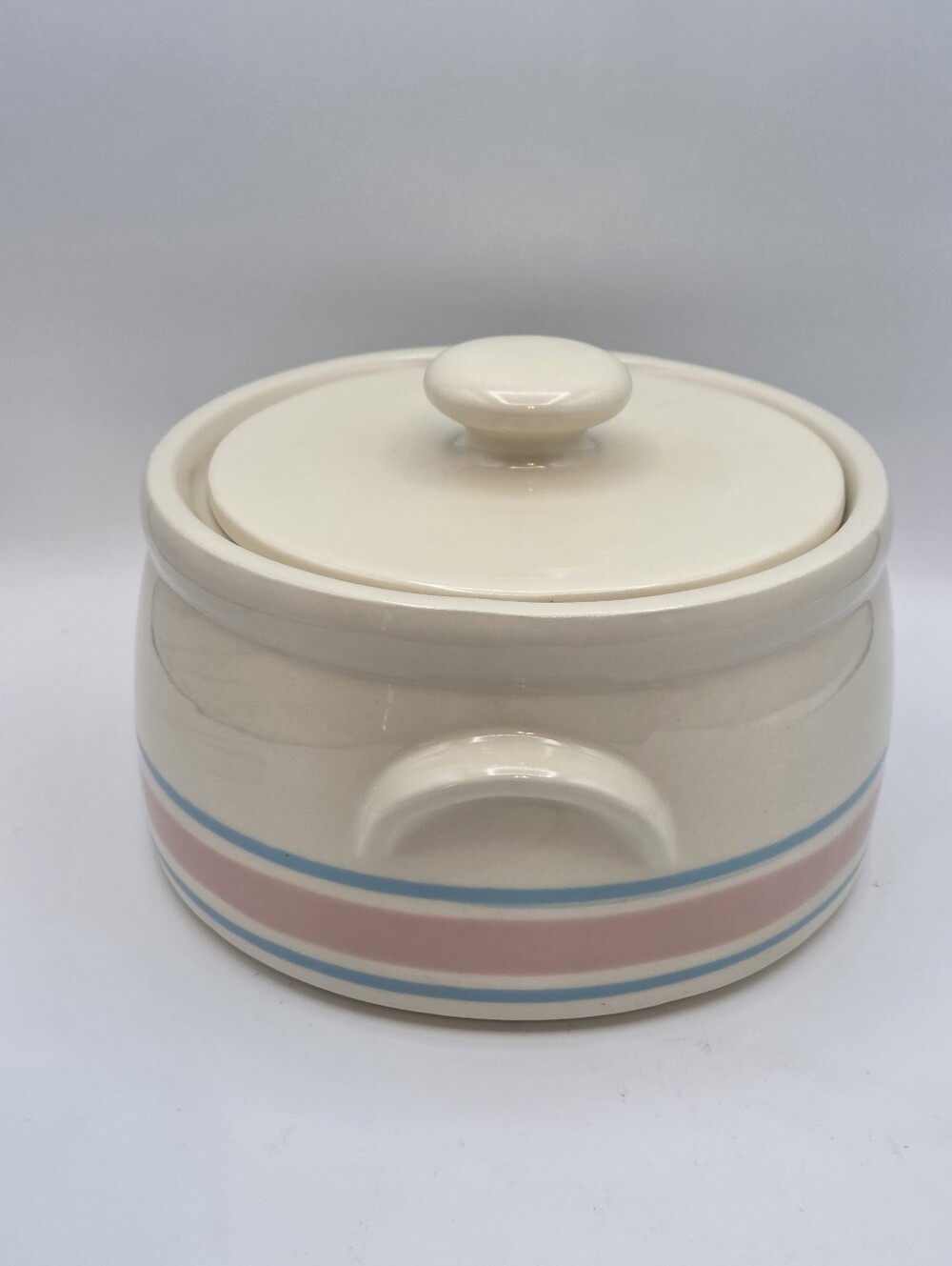McCoy 1421 Pink & Blue Stripes Lidded Bean Pot Casserole - Picture 4 of 7
